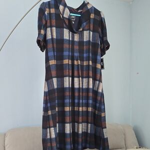 IH Plaid Cowl Neck Dress - Blue and Brown